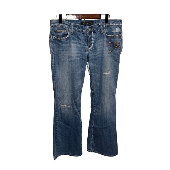 Lucky Brand Lil Maggie Peace Embroidered Flare Low Rise Jeans Size 12 31 - Picture 2 of 10